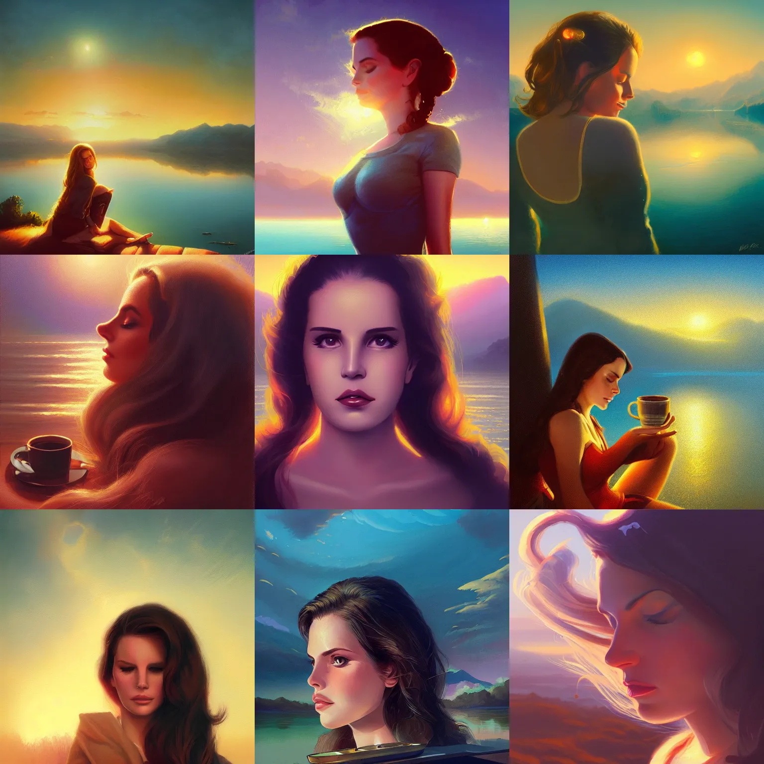 Prompt: close - up portrait of sleepy lana del rey, morning golden hour, steaming coffee, mystical lake view vista, mark brooks, ralph horsley, anton fadeev, paul lehr, rhads, alena aenami