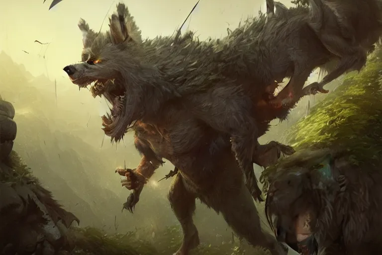 Prompt: a goblin attacking wolves, D&D, trending on artstation, illustration, cgsociety, 8k, cinematic art by Greg Rutkowski and Thomas Kinkade and William O'Connor