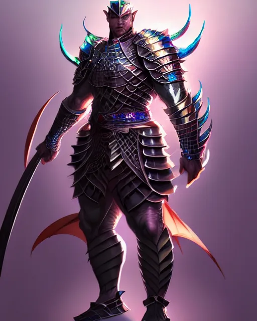 Image similar to Full body character concept art of an anime draconian warrior knight, iridescent scales, cool face, muscular, by Stanley Artgerm Lau, WLOP, Rossdraws, James Jean, Andrei Riabovitchev, Marc Simonetti, and Sakimichan, tranding on artstation