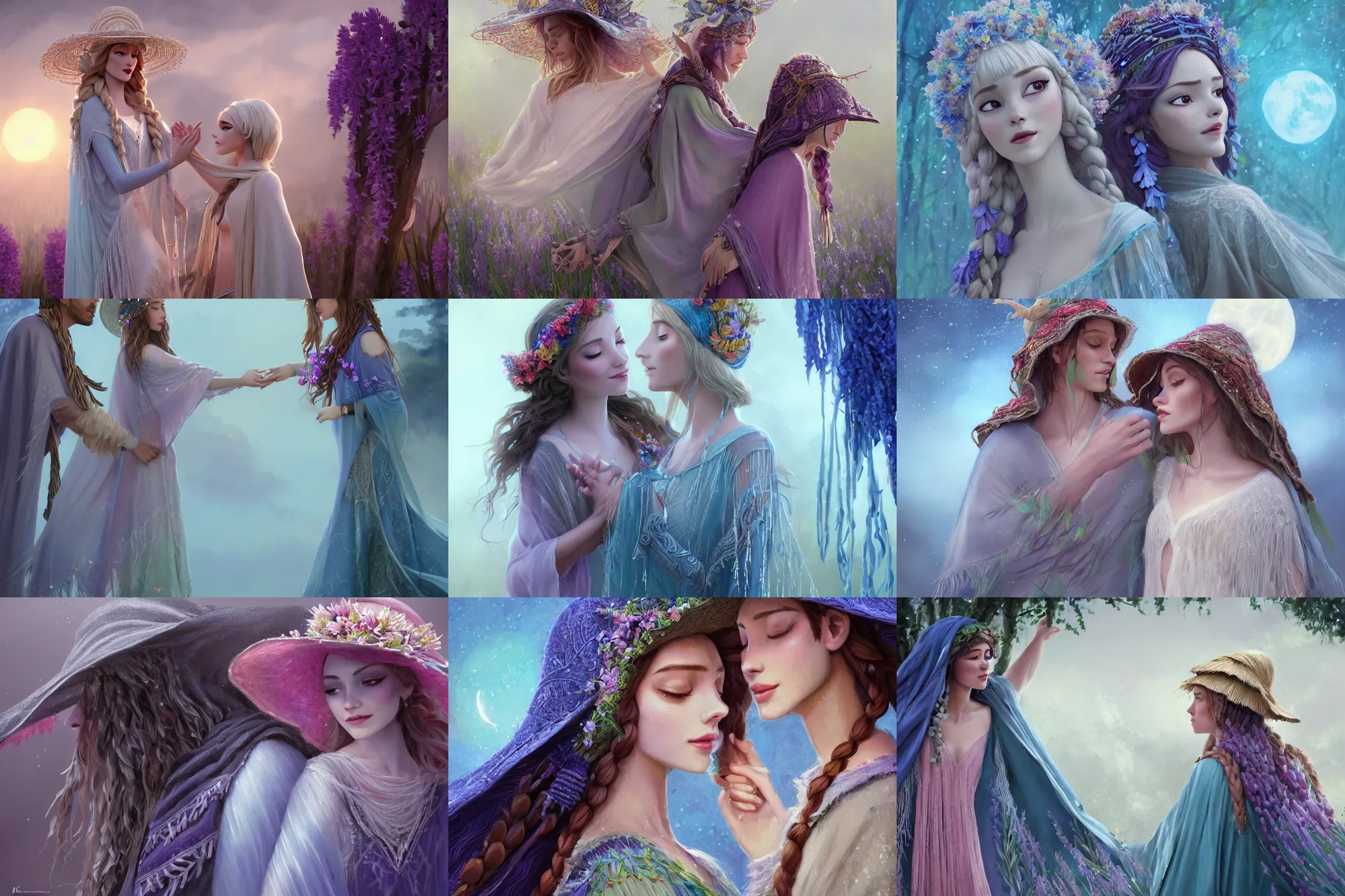 Prompt: a cinematic beautiful closeup moment of lovers saying goodbye wearing boho poncho and sunhat with hyacinths goodbye to the goddess of the moon magician casting lightening spells, Frozen II Klaus film, fantasy, intricate, elegant, highly detailed, digital painting, artstation, concept art, smooth, sharp focus, illustration, art masterpiece by art by Krenz Cushart and Artem Demura and alphonse mucha, ArtGerm, Jon Lothian, Danilo Torres, Adi Meyers, Thomas Reimann, Gaston Bussiere