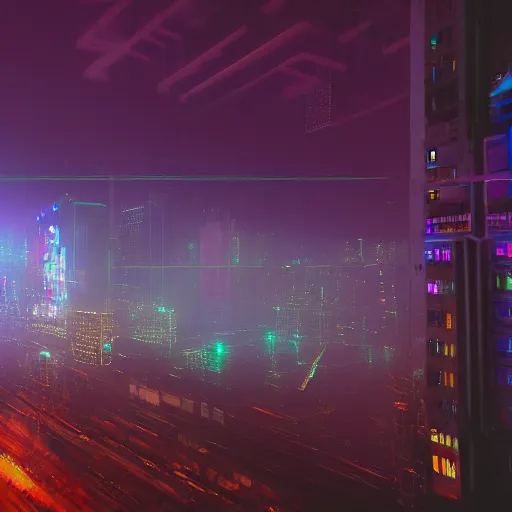 Image similar to atmospheric cyberpunk cityscape at night, volumetric neon lightning with fog, very detailed, 8 k, trending on artstation