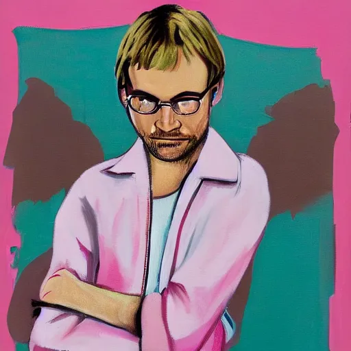 Image similar to jeffrey dahmer in pink overalls and brown boots, oil painting, gucci poster