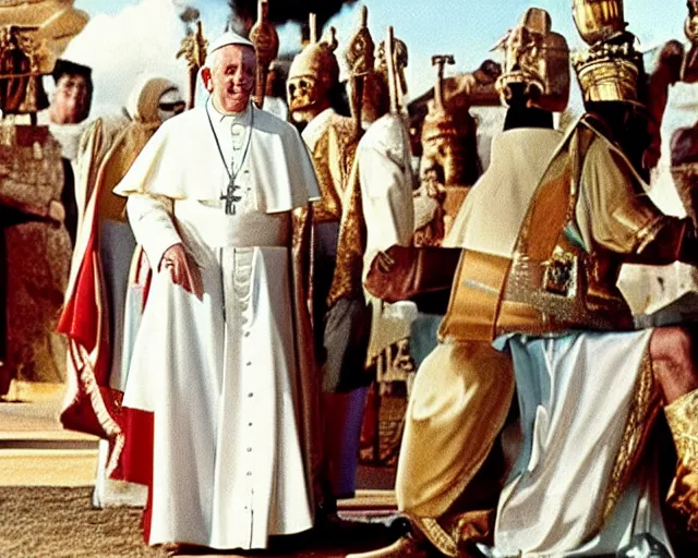 Prompt: a film still of the pope as the ramesses faraoh, in the 1 0 commandments ( 1 9 5 6 ), technicolor color