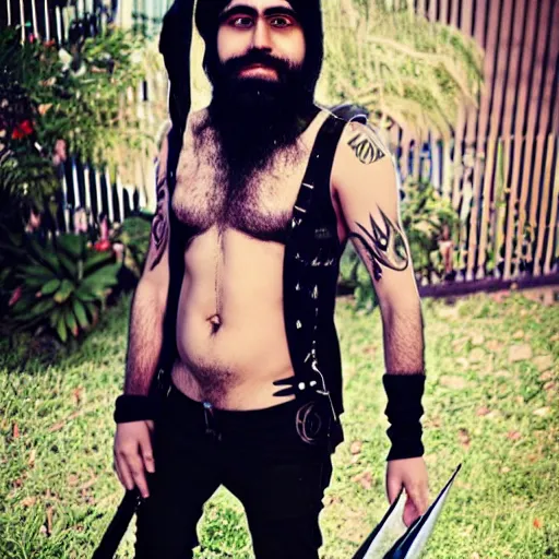 Image similar to Joedat Esfahani, AKA VoyBoy, dressed as Akali from League of Legends. Beautiful handsome bearded artbreeder detailed face.