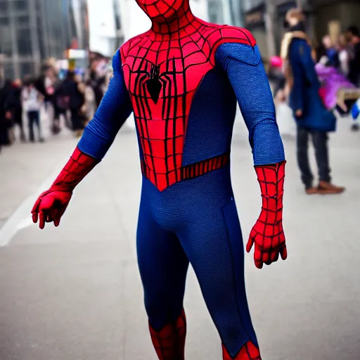 Image similar to spiderman wearing captain america suit, photo