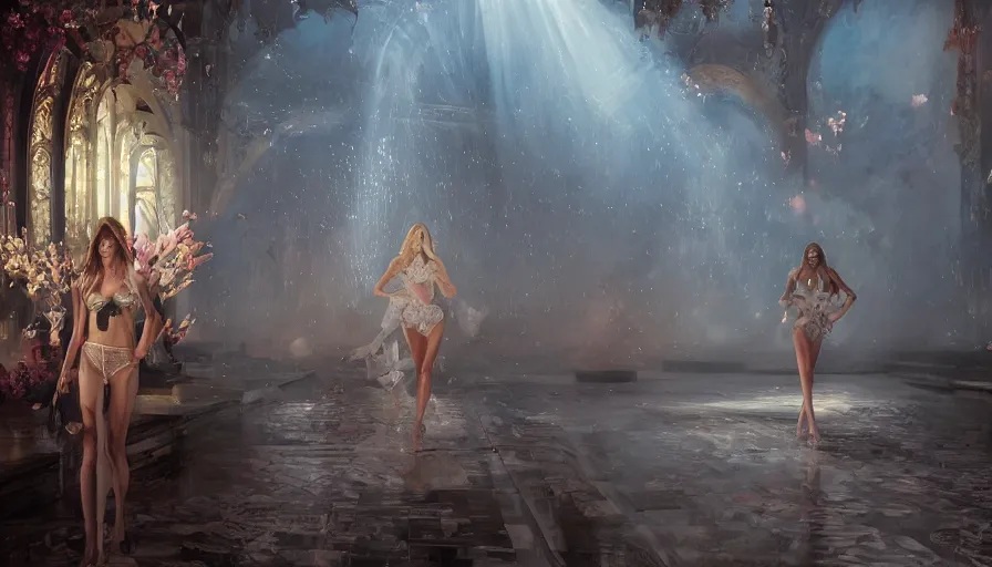 Image similar to victoria secret runway show, light, shadows, reflections, flowers, epic composition, intricate, elegant, volumetric lighting, digital painting, highly detailed, artstation, sharp focus, illustration, concept art, ruan jia, steve mccurry, greg rutkowski, mina petrovic, timothy kong, marina federovna, masterpiece, iconic