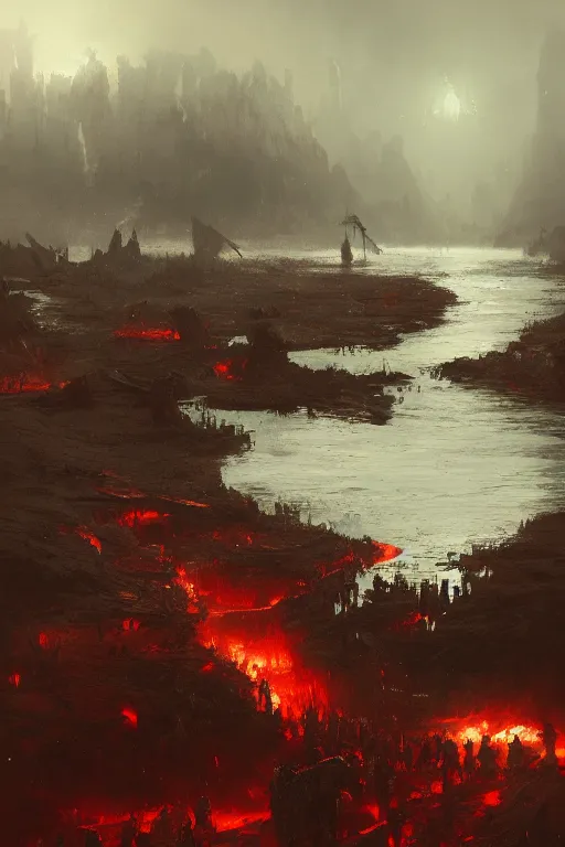 Image similar to bloody river in hell, by greg rutkowski, people walking into the horizon, trending on artstation