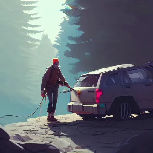 Image similar to ilustration hiker unloading the car before camping, characterized by roman shipunov, etienne hebinger, atey ghailan, cgsociety, cynical realism, fantasy art, 2 d game art