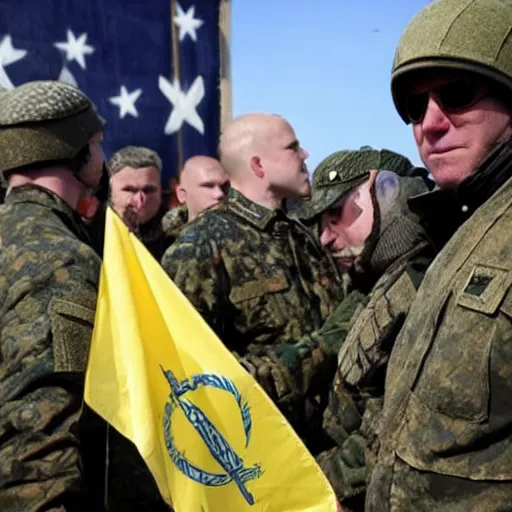 Image similar to Joe Biden is with the azov battalion in Ukraine War holding a ukrainian flag