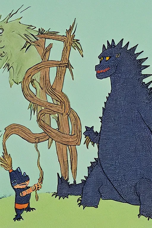 Image similar to godzilla wearing a crown, by maurice sendak