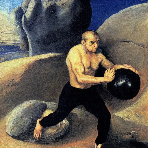 Image similar to a painting of benjamin netanyahu as sisyphus, carrying boulder, by franz stuck