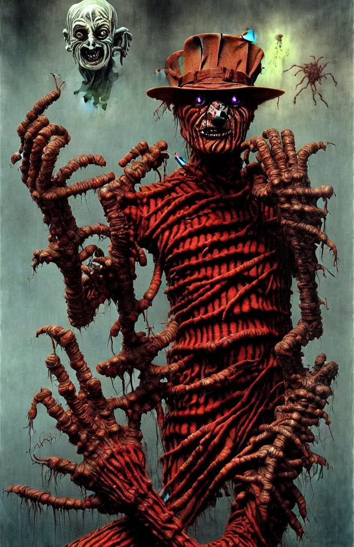 Image similar to freddy krueger in the style of wayne barlowe, gustav moreau, goward, bussiere, roberto ferri, santiago caruso, luis ricardo falero, dali