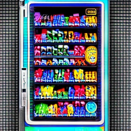 Prompt: vending machine item is a cybernetic rabbit, tilt shift, display photo, highly detailed, colorful, highly textured