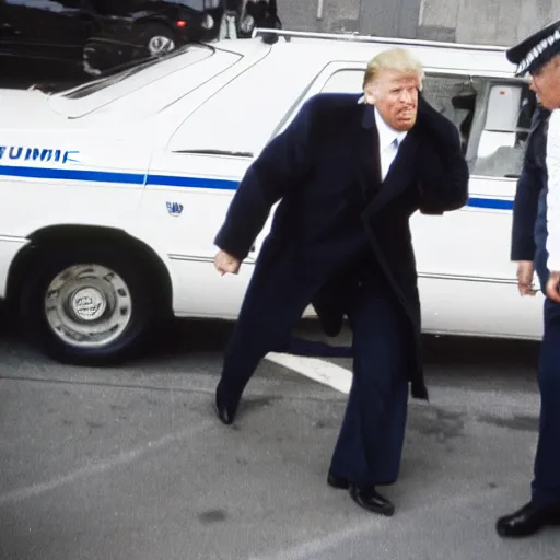 Image similar to Donald Trump being handcuffed and walked to a cop car, 35mm film, dslr photography