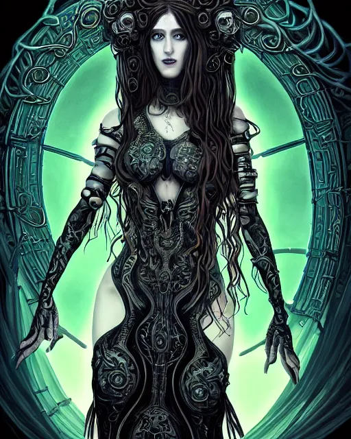 Image similar to Pre-raphaelite Perfectly-centered Hyperdetailed Hyper realistic symmetrical cinematic RPG portrait-illustration of a beautiful aetherpunk cyberpunk Medusa with glowing eyes in a black otherworldly dress and long ravepunk snakes for hair. She's near lovecraftian towers in a surreal landscape, style of epic sci-fi comic-book cover, 3D rim light, octane, artstation, cgsociety, smooth digital art, sharp focus