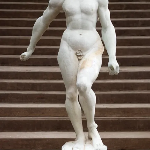 Image similar to impressionist painting of a statue of s a broken block of marble walking up the stairs, side view, white background