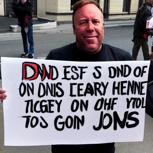 Prompt: alex jones begging for money on a street corner holding a sign that says all my apes gone