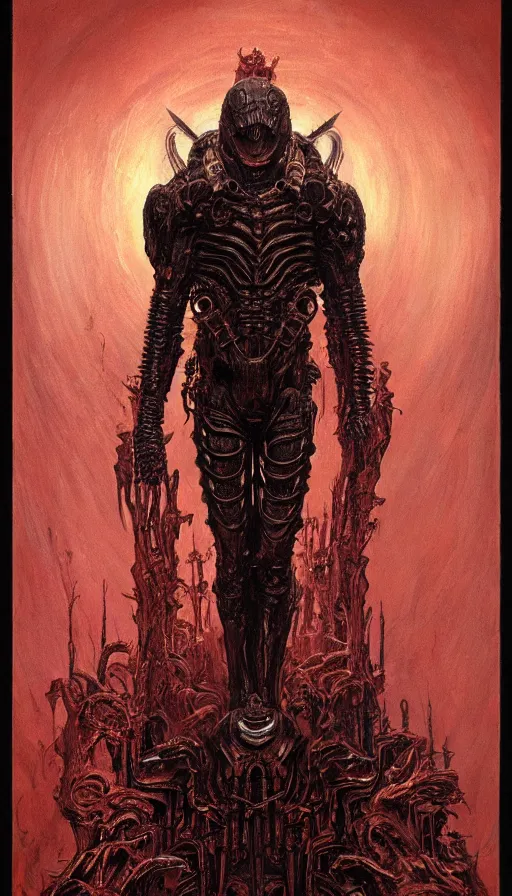 Image similar to Doom themed painting of symmetrical torso black and crimson inferno armor with extended evil armored hands concept, intricate artwork by H.R. Giger, Johnatan Wayshak, Zdizslaw Beksinski, Ayami Kojima, Amano, Karol Bak, Moebius, and Mark Brooks, Neo-Gothic, gothic, rich deep colors, art by Takato Yamamoto, masterpiece, face by Artgerm, very coherent artwork, cinematic, hyper realism, high detail, octane render, unreal engine, 8k, High contrast, golden ratio, trending on cgsociety