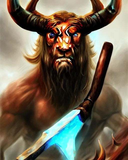 Prompt: minotaur from path of exile wielding 2 hand axe, portrait, anime, digital painting, highly detailed, intricate, trending on artstation