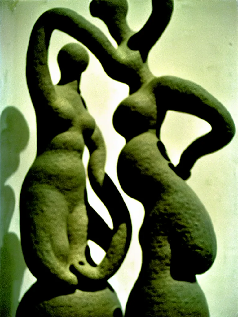 Image similar to extreme harsh lighting antique photograph of biomorphic surreal sculpture of a curvaceous standing figure of enemy of mankind, made of plaster and old circuitry and stained with sumi ink, sculpted by alexander rodchenko and eva hesse, photographed by francesca woodman, tragic grainy shallow depth of field high contrast shocking detail trending on artstation 8 k