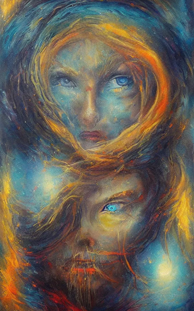 Image similar to iridescent spirit of wrath and fear cruel beautiful spirit with golden eye lunar mythos ambient fog, award winning oil painting, lunar color palette