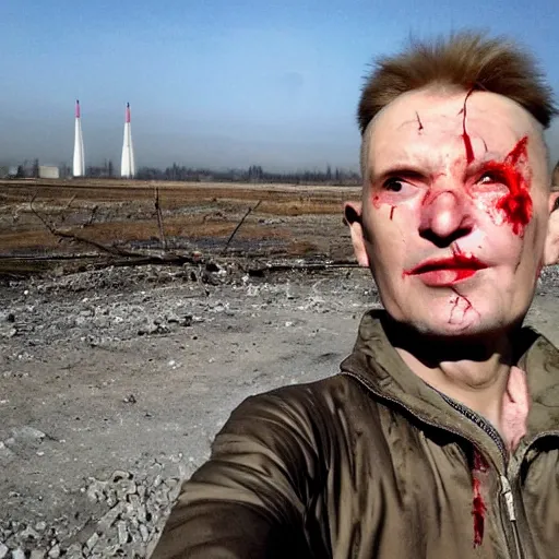 Image similar to last selfie of last alive funny scared ukrainian very damaged body to bones, bleeding crawling from nuclear explosion, big nuclear explosion at background, end of the life close