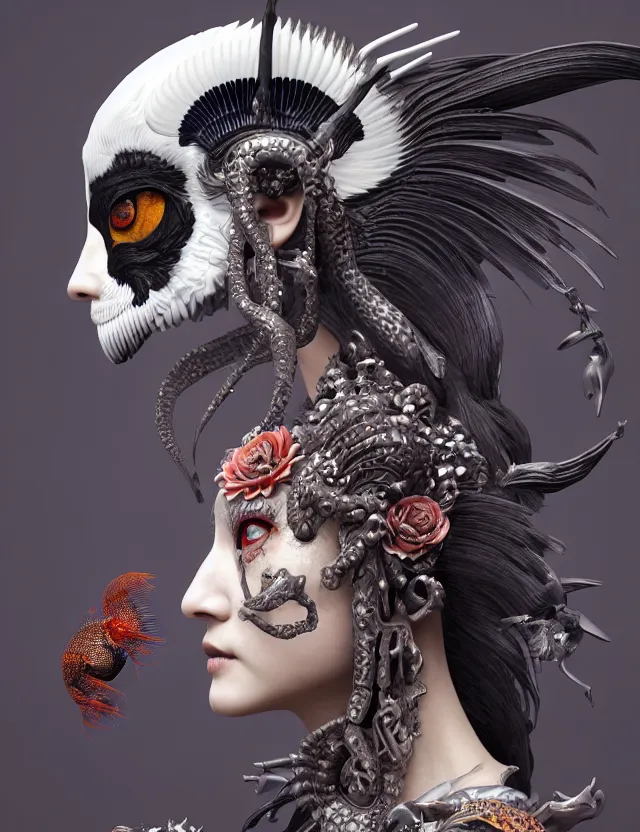 Image similar to 3 d goddess of death close - up profile portrait with ram skull. beautiful intricately detailed japanese crow kitsune mask and clasical japanese kimono. betta fish, jellyfish phoenix, bio luminescent, plasma, ice, water, wind, creature, artwork by tooth wu and wlop and beeple and greg rutkowski