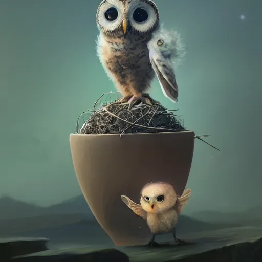 Image similar to long shot of a very cute owl chick nesting in a very futuristic cup, esao andrews, humorous illustration, hyperrealistic, big depth of field, warm colors, night scenery, low light, 3 d octane render, 4 k, conceptart, hyperdetailed, hyperrealistic, trending on artstation