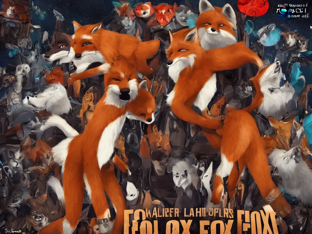 Image similar to movie poster featuring male fox furry a leather suit, fursona, anthropomorphic, furry fandom, studio quality media