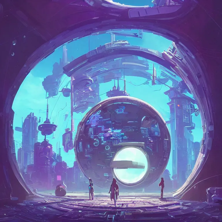 Image similar to a circle!! portal structure floating in space!!, cyberpunk, epic surrealism, indigo, purple, cyan, detailed digital matte painting in the style of simon stalenhag and painting by ralph mcquarrie