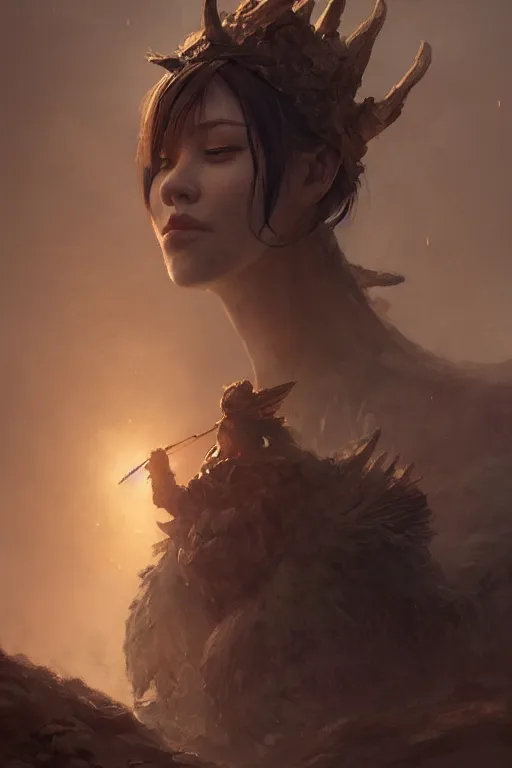 Image similar to a fancy portrait of a sleeping giant female being protected by a worrior by Greg Rutkowski, Sung Choi, Mitchell Mohrhauser, Maciej Kuciara, Johnson Ting, Maxim Verehin, Peter Konig, final fantasy, Marco lense , 8k photorealistic, cinematic lighting, HD, high details, atmospheric , trending on artstation