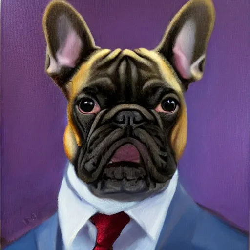 Image similar to oil painting of a french bulldog wearing businessman attire