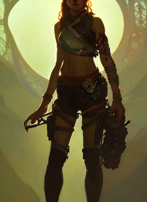 Image similar to portrait of a full body of beautiful young female solarpunk adventurer, fantasy, flat lighting, intricate, highly detailed, digital painting, artstation, concept art, smooth, sharp focus, illustration, art by simon bisley and greg rutkowski and alphonse mucha, natural tpose