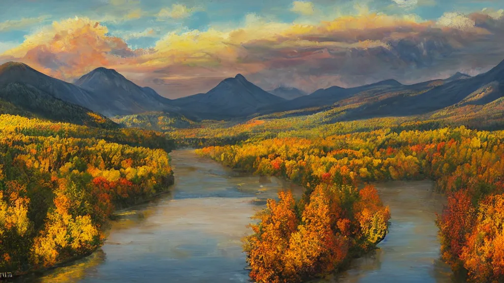 Image similar to The most beautiful panoramic landscape, oil painting, where the mountains are towering over the valley below their peaks shrouded in mist. The sun is just peeking over the horizon producing an awesome flare and the sky is ablaze with warm colors and stratus clouds. The river is winding its way through the valley and the trees are starting to turn yellow and red, by Greg Rutkowski, aerial view