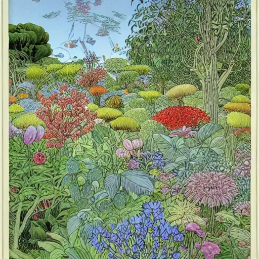 Image similar to an illustration of a beautiful garden, painted by moebius and james jean