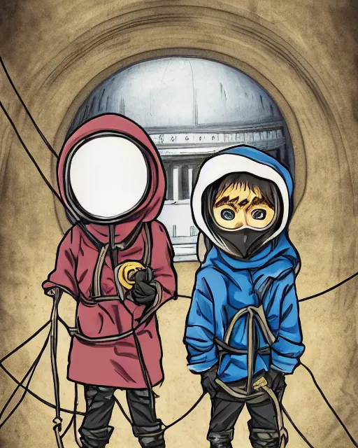 Image similar to manga color drawing of two hooded kids with gas masks hanging in ropes paint a giant anarchist graffiti on the dome of the capitol building, epic photography, dystopin future , 8k