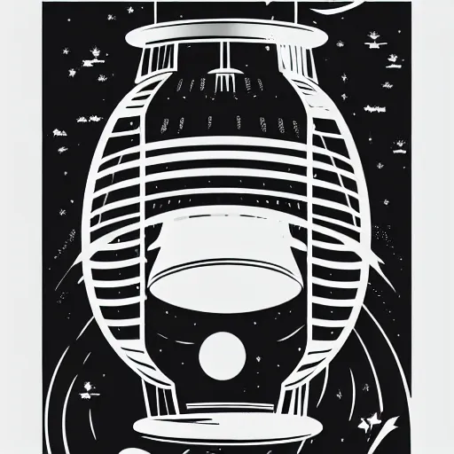 Image similar to a 70s vector based poster illustration about a space travel, negative space allowed, black ink on white background, smooth curves