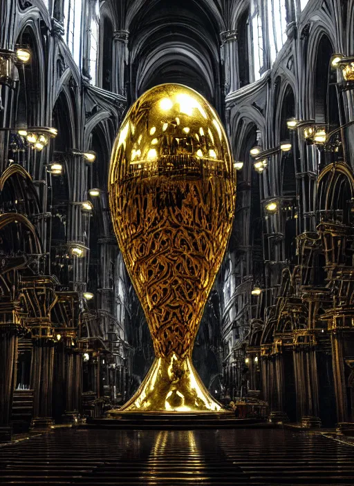 Prompt: Giant golden ornate egg in the middle of a cathedral. In style of Yoji Shinkawa and Hyung-tae Kim, trending on ArtStation, dark fantasy, great composition, concept art, highly detailed, dynamic pose.