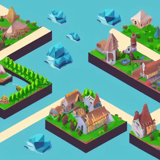 Image similar to small fantasy town, view from above, isometric, stylized, low poly, river, watermill