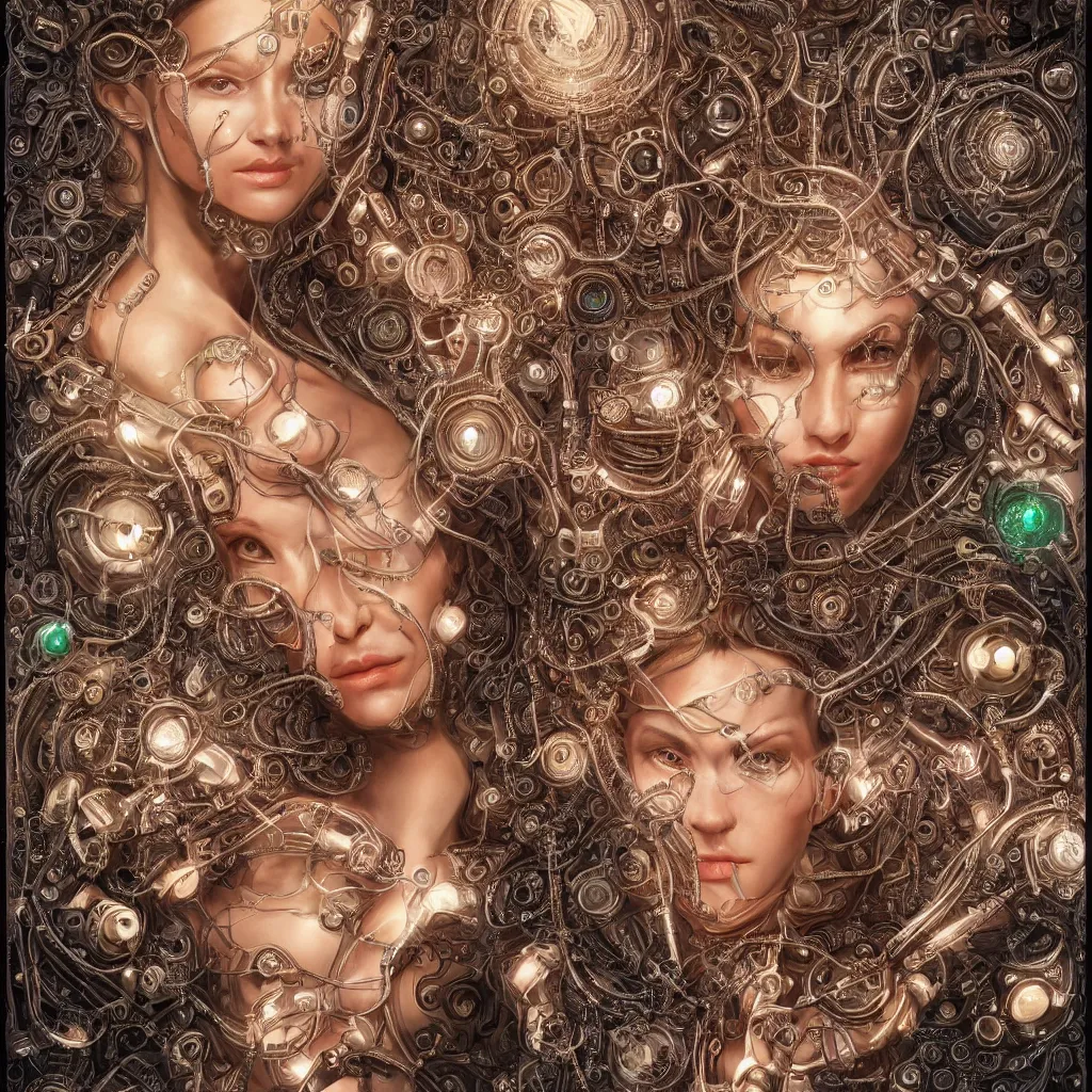 Image similar to one very beautiful woman integrating with technology, full face frontal centered, portrait, insipiring, detailed intricate ornate cables connected to head, big open electric eyes, luxurious detailed abundent wiring and implants, diamonds, sci-fi, neon, emeralds, detailed technology full background, highly detailed, artstation, Rene Lalique and Eddie Mendoza and Gil Elvgren