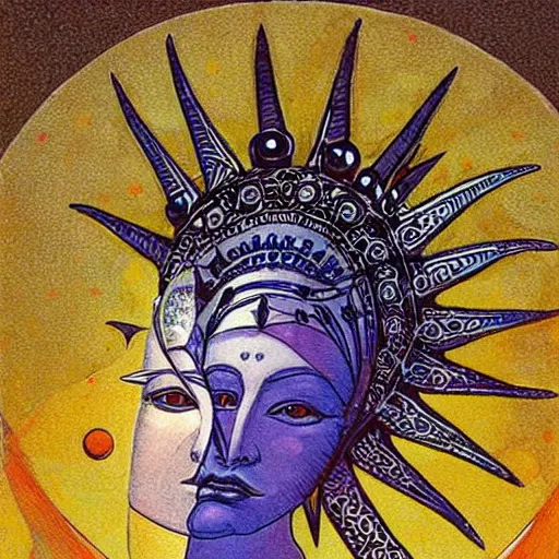 Prompt: Artemixel, the modern reincarnation of the old selenium god of hunt, also known as Artemis the Selene, carrying the celebrated Crown of the Crescent Moon wich its usual bright and slightly bluish crescent like the brightness of the night. Portrait by Moebius, intrincate sci-fi art, close-up