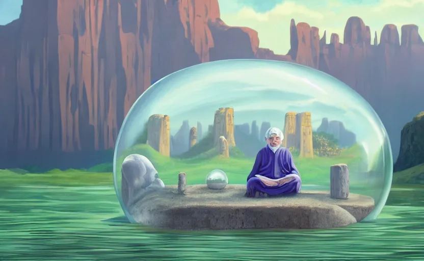 Image similar to a scary hyperrealist painting of a guru in a giant transparent bubble from howl's moving castle ( 2 0 0 4 ) in a flooded monument valley stonehenge jungle. depth perception, 4 k, artstation, in the style of studio ghibli