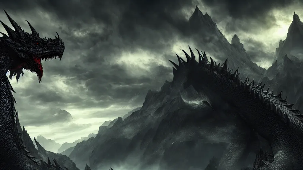 Image similar to Ancalagon the black, the biggest dragon that ever lived, over towering the huge mountains of Thangorodrim, single dragon, landscape wide shot, epic, cinematic lighting, Unreal Engine 5, film key art, Bloom, dramatic lighting, cg artist