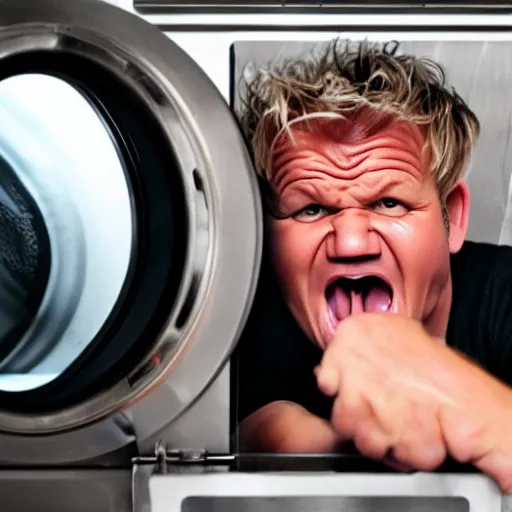 Prompt: angry furious Gordon Ramsay poking his head out of a washing machine and shouting at the camera