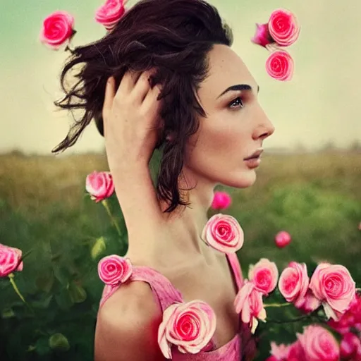 Image similar to fine art photo of the beauty gal gadot, she is merging from pink roses, taken by oleg oprisco