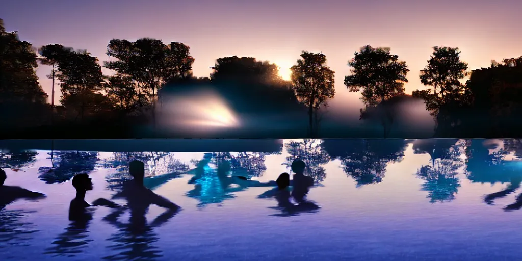 Prompt: distant figures swimming in a reflecting pool, by sapna reddy, cinematic forest lighting, hyperdetailed, in volumetric soft glowing mist, elegant pose, movie still, real life landscape