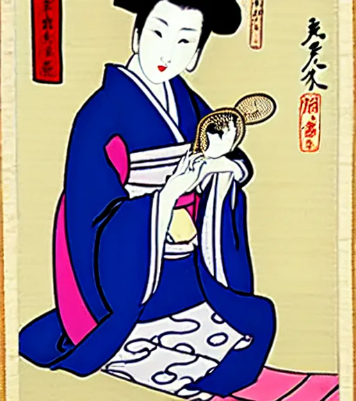 Image similar to madonna the singer in a beautiful kimono holding in her hand a fan, sitting on the floor next to a black and white playing cat, in the background a folding screen with blue irises and a window with bamboo. in the style of bijin - ga.