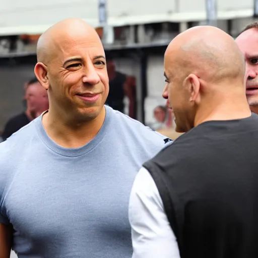 Image similar to a high quality photograph of vin diesel meeting Mark Sinclair