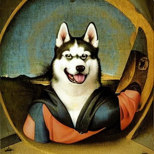 Image similar to a cute husky painted by hieronymus bosch