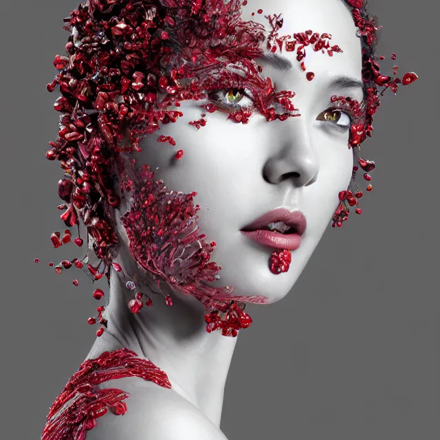 Image similar to studio portrait of absurdly beautiful, elegant, young woman made of rubies and red gems, ultrafine hyperrealistic detailed face illustration by kim jung gi, irakli nadar, intricate linework, sharp focus, bright colors, matte, octopath traveler, final fantasy, unreal engine highly rendered, global illumination, radiant light, intricate environment